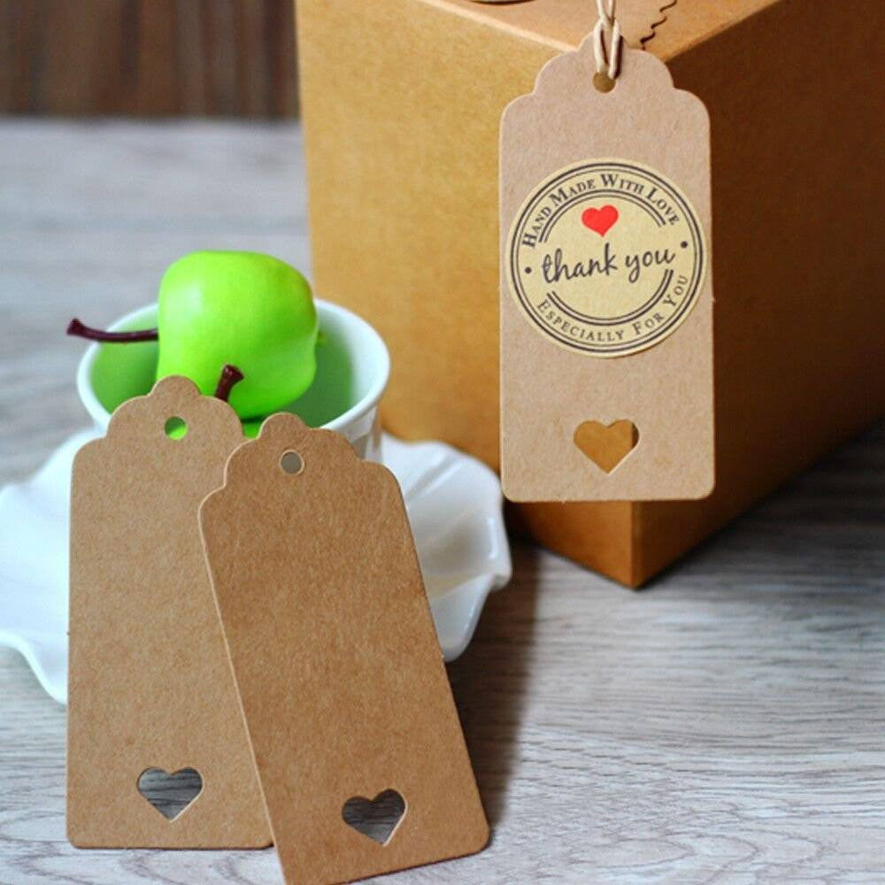 Brown Gift Tags, G2PLUS 100 PCS Kraft Paper Gift Tags Hollow Heart Wedding Favor Tags 4cm x 9cm with 100 Feet Jute Twine (Brown) - G2plus