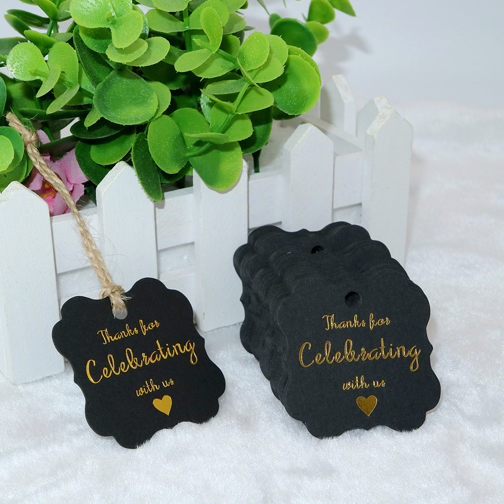 High-end Carbon Gold Thanks for Celebrating with Us Gift Tags with 100 Feet Natural String for Baby Shower, Bridal Wedding, Anniversary Celebration - G2plus