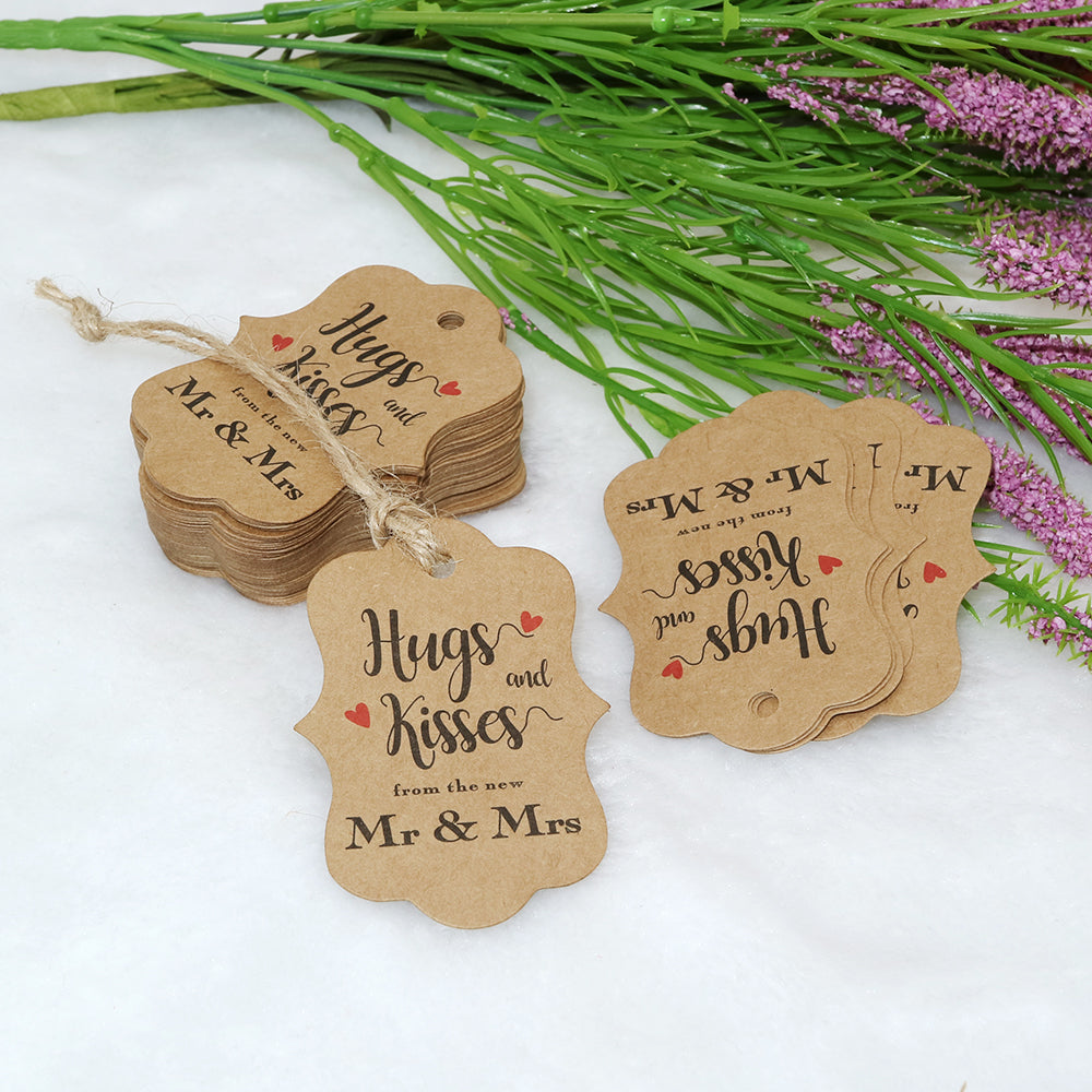 Original Design 100PCS Hug & Kisses from The New Mr & Mrs Gift Tags, Wedding Favor Gift Tags with 100 Feet Natural Jute Twine Perfect for Bridal Baby Shower Anniversary Decoration (Brown) - G2plus