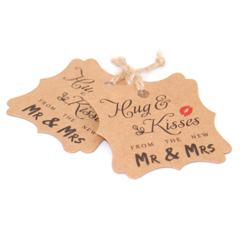 Original Design Wedding Favor Gift Tags, 100 PCS Brown Square Tags with 100 Feet Natural Jute Twine Perfect for Bridal Baby Shower Anniversary- Hug & Kisses from the New Mr & Mrs - G2plus