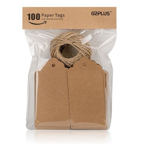 100 PCS Kraft Paper Christmas Gift Tags with String Wedding Brown Rectangle Craft Hang Tags Bonbonniere Favor Gift Tags with Jute Twine 30 Meters Long for Crafts, Price Tags Labels - G2plus