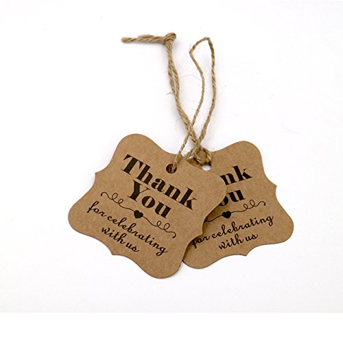 Original Design Paper Gift Tags, 100PCS Thank You for Celebrating with US, Square Thanks Label for Baby Shower, Bridal Wedding, Anniversary Celebration (Brown) - G2plus