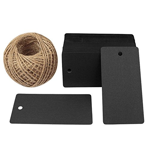 Rectangle Valentine Gift Tags 3.5”x 1.7”,Black Gift Tags 100 PCS Paper Gift Tags with 100 Feet Jute Twine String for Arts and Crafts, Wedding Christmas Day - G2plus