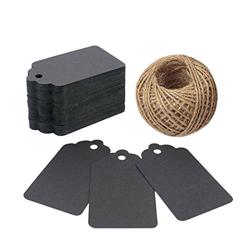 Gift Tags,100 PCS Paper Tags with 100 Feet Jute String for Arts and Crafts, Wedding Christmas Day Thanksgiving,7 cm X 4 cm (Black) - G2plus