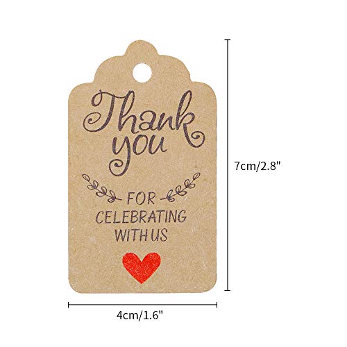 Original Design Thank You for Celebrating with Us Tags,100PCS 7cm X 4cm Paper Gift Tags with 100 Feet Natural Jute Twine Kraft Hang Tag for Wedding Party Favors, Baby Shower Decorations (Brown) - G2plus