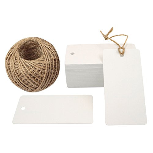 Kraft Gift Tags,100 PCS White Kraft Paper Gift Tag with 100 Feet Jute Twine String, Rectangle Christmas Gift Tags 3.5” x 1.7” - G2plus