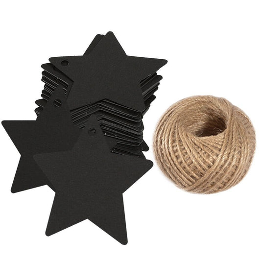 Black Gift Tags, G2PLUS 100 PCS Star Hang Tags with String, Kraft Blank Gift tag with 100 Feet Natural Jute Twine (Black) - G2plus