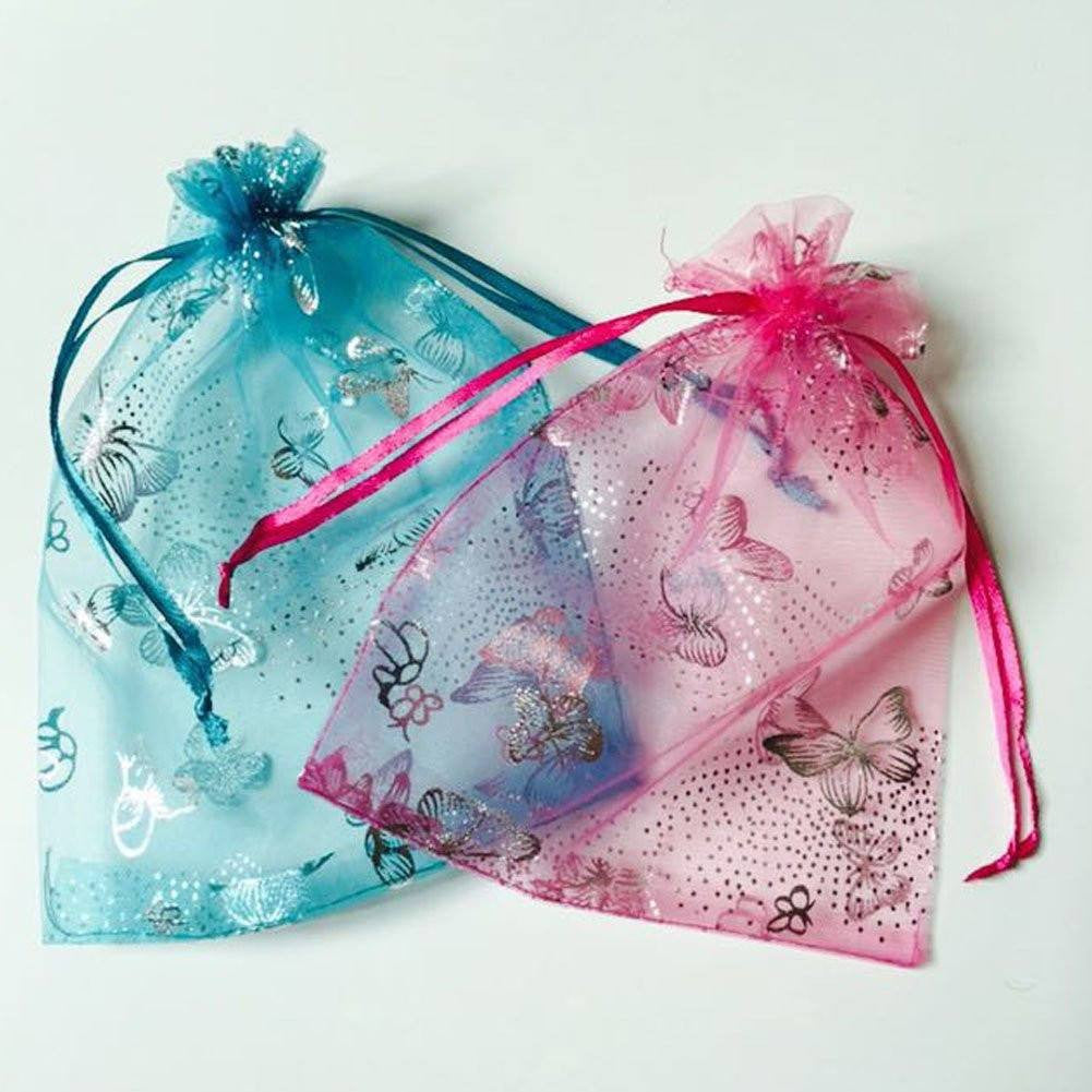 Organza Gift Bags 5’’ x 7’’, 100 PCS Drawstring Pouches Jewelry Wedding Party Favor Bags (Rose - Silver Butterfly Pattern) - G2plus