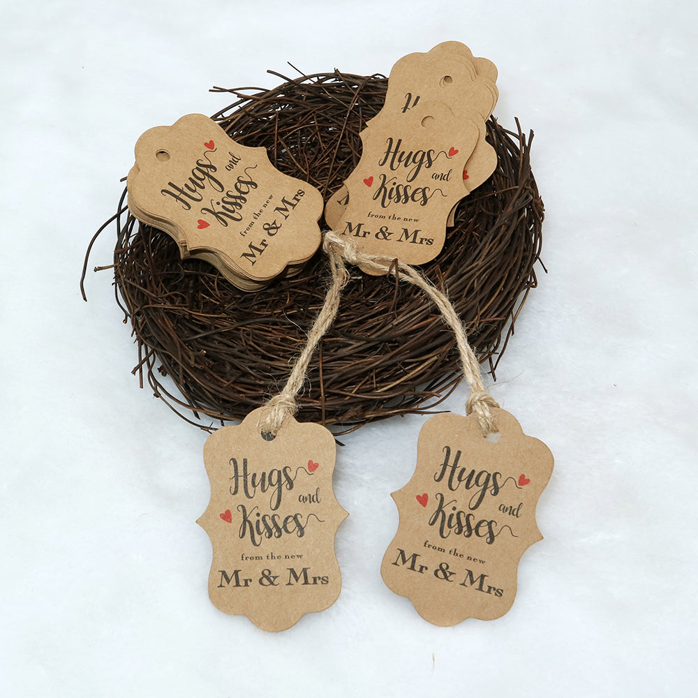 Original Design 100PCS Hug & Kisses from The New Mr & Mrs Gift Tags, Wedding Favor Gift Tags with 100 Feet Natural Jute Twine Perfect for Bridal Baby Shower Anniversary Decoration (Brown) - G2plus