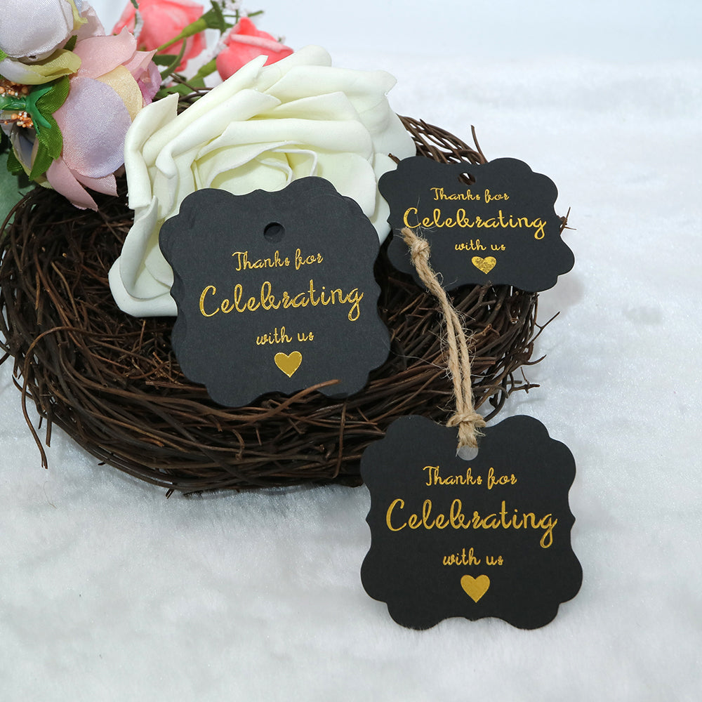 High-end Carbon Gold Thanks for Celebrating with Us Gift Tags with 100 Feet Natural String for Baby Shower, Bridal Wedding, Anniversary Celebration - G2plus