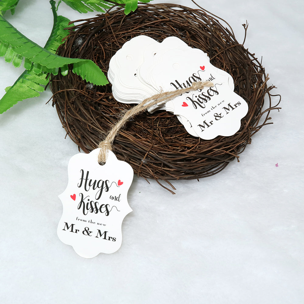 Original Design 100PCS Hug & Kisses from The New Mr & Mrs Gift Tags, Wedding Favor Gift Tags with 100 Feet Natural Jute Twine Perfect for Bridal Baby Shower Anniversary Decoration (White) - G2plus