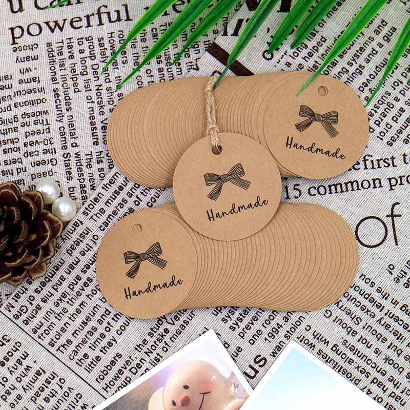 100 PCS Kraft Gift Tags 5 cm"Handmade" Label Birthday Luggage Tags Paper Wedding Labels Brown Hang Tag with 30 Meters Jute Twine - G2plus