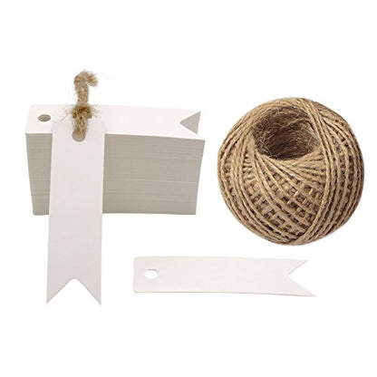 100 PCS Gift Tags Small Size 7 cm * 2 cm Blank Label Paper Wedding Labels Birthday Luggage Tags Brown Hang Tag with 30 Meters Jute Twine (White) - G2plus