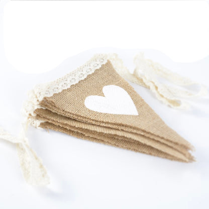 G2PLUS Love Heart Lace Jute banner, 10 Feet Vintage Flag Bunting with 12 Triangle Pennants, Lovely Cloth Shabby Chic Decoration for Birthday Rustic Wedding Parties Bedrooms - G2plus