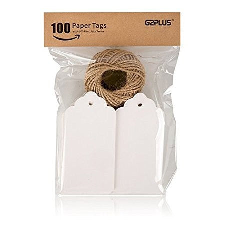 100 PCS Paper Gift Tags with String Wedding Rectangle Hang Tags Bonbonniere Favor Gift Tags Price Tags Labels with 30 Meters Jute Twine for Crafts (White) - G2plus