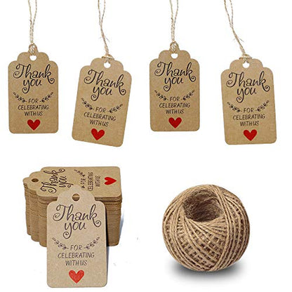 Original Design Thank You for Celebrating with Us Tags,100PCS 7cm X 4cm Paper Gift Tags with 100 Feet Natural Jute Twine Kraft Hang Tag for Wedding Party Favors, Baby Shower Decorations (Brown) - G2plus