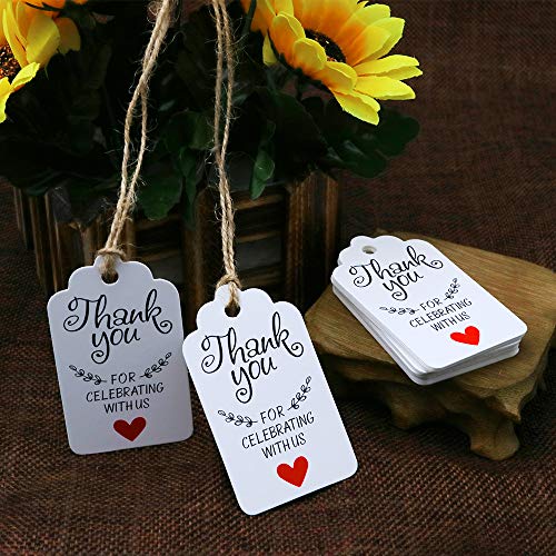 Original Design Thank You for Celebrating with Us Tags,100PCS 7cm X 4cm Paper Gift Tags with 100 Feet Natural Jute Twine Kraft Hang Tag for Wedding Party Favors, Baby Shower Decorations (White) - G2plus