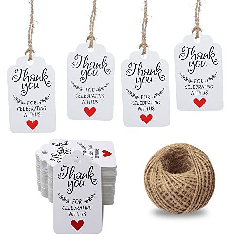 Original Design Thank You for Celebrating with Us Tags,100PCS 7cm X 4cm Paper Gift Tags with 100 Feet Natural Jute Twine Kraft Hang Tag for Wedding Party Favors, Baby Shower Decorations (White) - G2plus