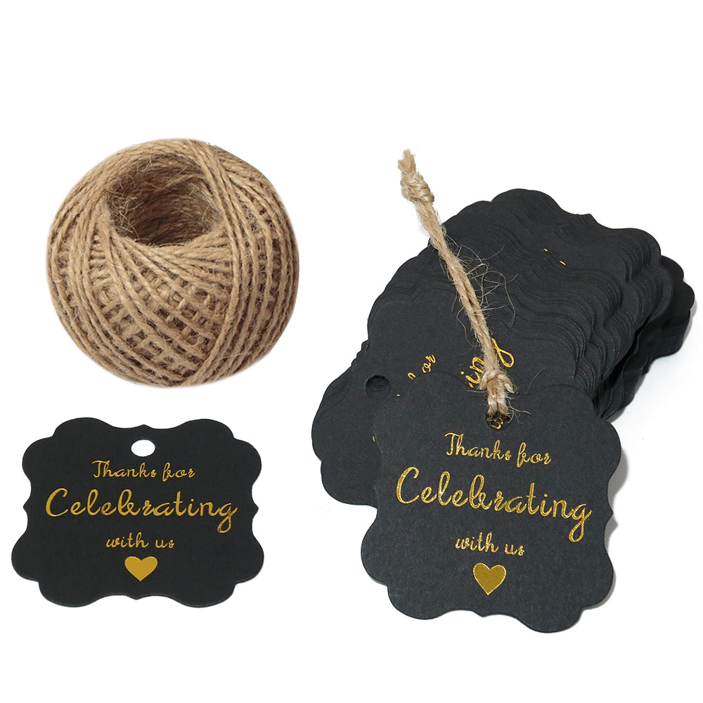 High-end Carbon Gold Thanks for Celebrating with Us Gift Tags with 100 Feet Natural String for Baby Shower, Bridal Wedding, Anniversary Celebration - G2plus