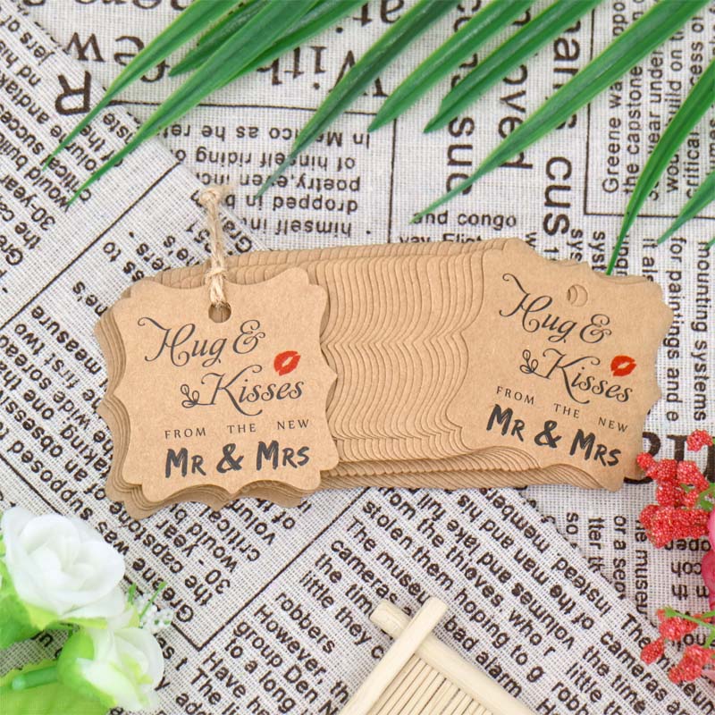 Original Design Wedding Favor Gift Tags, 100 PCS Brown Square Tags with 100 Feet Natural Jute Twine Perfect for Bridal Baby Shower Anniversary- Hug & Kisses from the New Mr & Mrs - G2plus