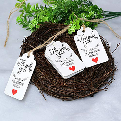 Original Design Thank You for Celebrating with Us Tags,100PCS 7cm X 4cm Paper Gift Tags with 100 Feet Natural Jute Twine Kraft Hang Tag for Wedding Party Favors, Baby Shower Decorations (White) - G2plus