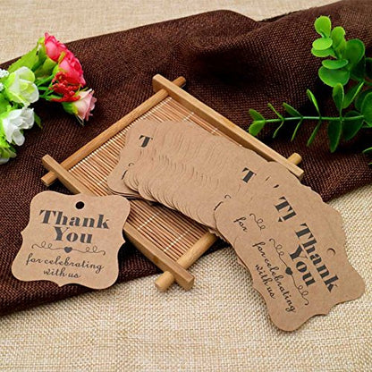 Original Design Paper Gift Tags, 100PCS Thank You for Celebrating with US, Square Thanks Label for Baby Shower, Bridal Wedding, Anniversary Celebration (Brown) - G2plus