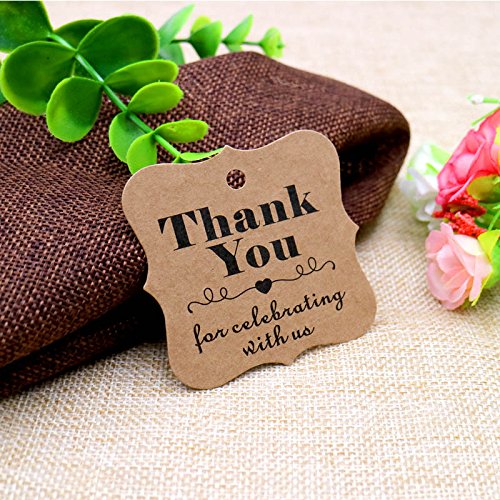 Original Design Paper Gift Tags, 100PCS Thank You for Celebrating with US, Square Thanks Label for Baby Shower, Bridal Wedding, Anniversary Celebration (Brown) - G2plus