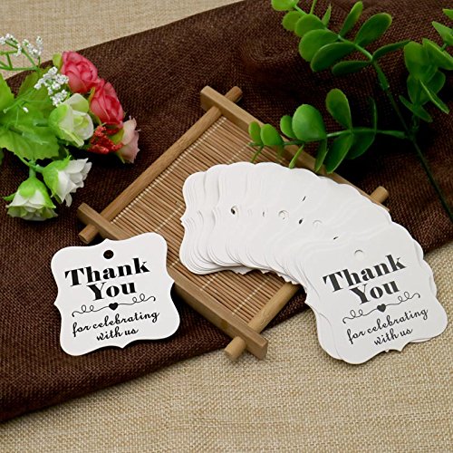 Original Design 100PCS Paper Gift Tags, Thank You for Celebrating with US, Square Thanks Label for Baby Shower, Bridal Wedding, Anniversary Celebration (White) - G2plus