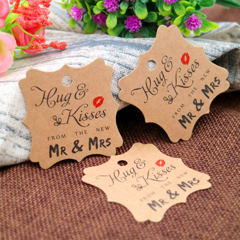 Original Design Wedding Favor Gift Tags, 100 PCS Brown Square Tags with 100 Feet Natural Jute Twine Perfect for Bridal Baby Shower Anniversary- Hug & Kisses from the New Mr & Mrs - G2plus