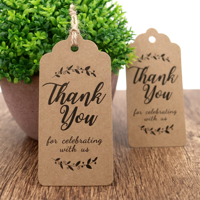 Original Design Thank You for Celebrating with Us Tags, 100PCS Paper Gift Tags with 100 Feet Natural Jute Twine Perfect for Wedding,Baby Shower and Party Decoration (Brown) - G2plus