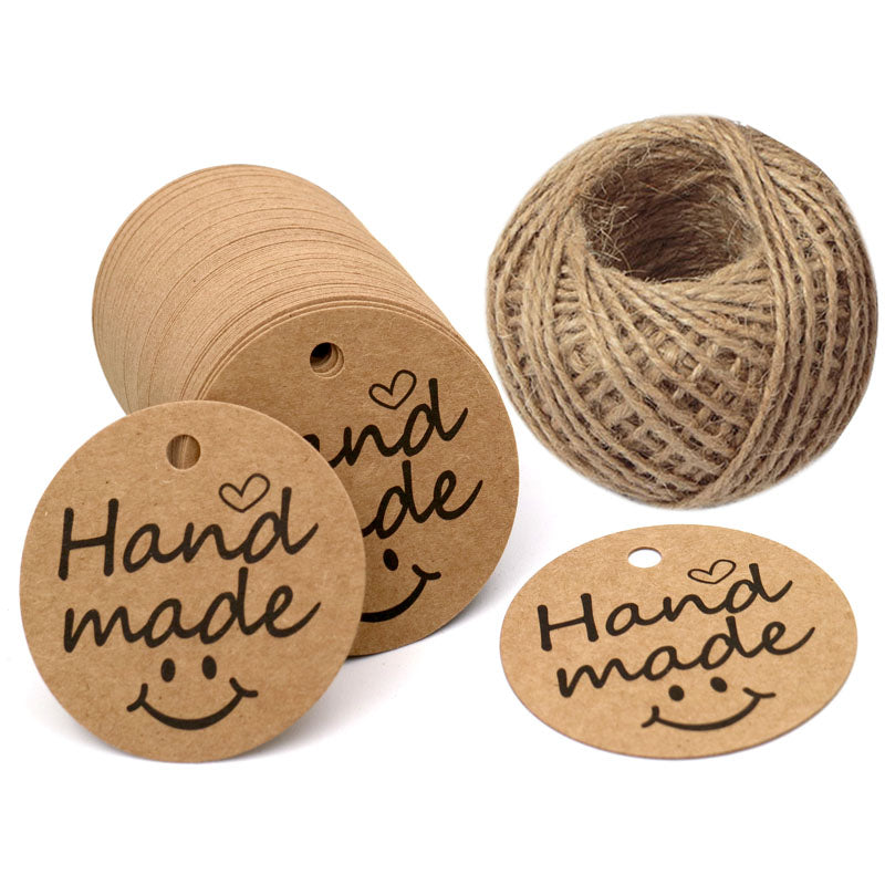 100 PCS"Hand Made" Small Label, 5 cm * 5 cm Kraft Gift Tags, Hang Round Tags with 30 Meters Jute Twine (Brown) - G2plus